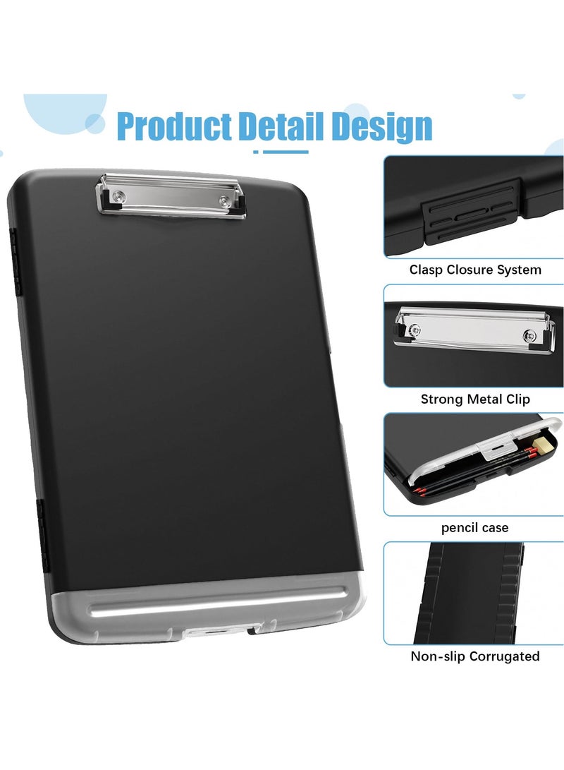 Plastic A4 Clipboard with Storage, Side-Opening Nursing Clipboard with Pen Holder, Heavy Duty Clips, Slim Storage Box, Lightweight, Smooth Writing Surface, Size 14 x 9.6 x 1.2 Inches, Black