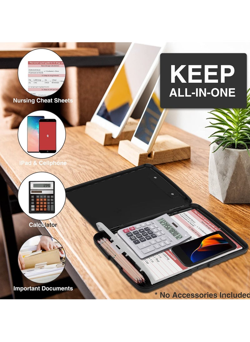Plastic A4 Clipboard with Storage, Side-Opening Nursing Clipboard with Pen Holder, Heavy Duty Clips, Slim Storage Box, Lightweight, Smooth Writing Surface, Size 14 x 9.6 x 1.2 Inches, Black