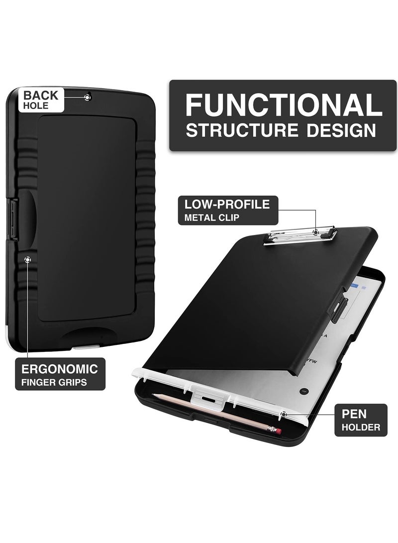 Plastic A4 Clipboard with Storage, Side-Opening Nursing Clipboard with Pen Holder, Heavy Duty Clips, Slim Storage Box, Lightweight, Smooth Writing Surface, Size 14 x 9.6 x 1.2 Inches, Black
