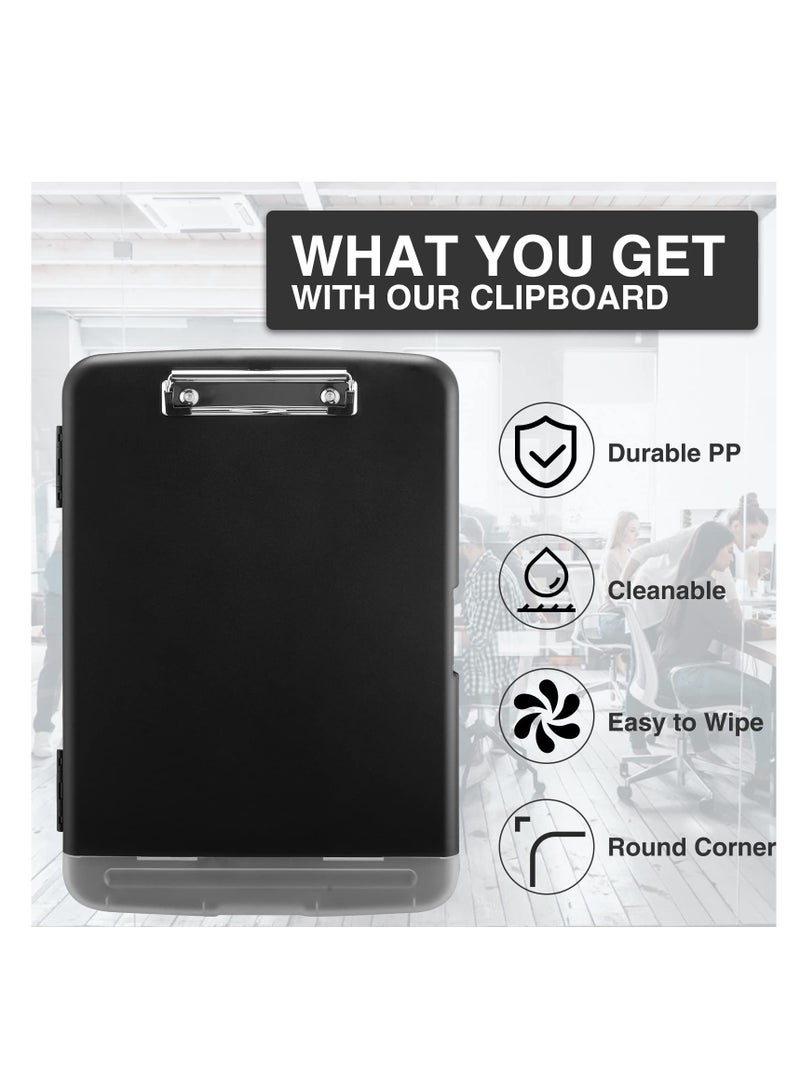 Plastic A4 Clipboard with Storage, Side-Opening Nursing Clipboard with Pen Holder, Heavy Duty Clips, Slim Storage Box, Lightweight, Smooth Writing Surface, Size 14 x 9.6 x 1.2 Inches, Black
