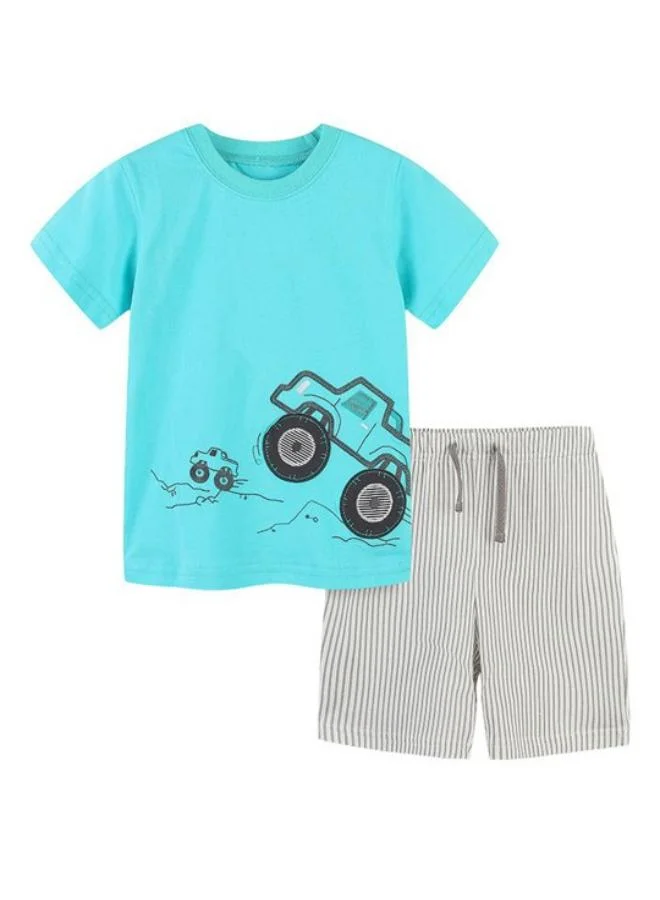 يونيكي Blue Crew Neck Short Sleeve Printed Tshirt & Shorts