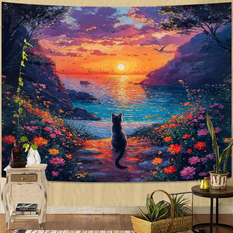kampdream Landscape Tapestry, Scenery Art Wall Tapestries, Nature Wall Decor for Bedroom Living Room Backdrop Sunset Cat 36Ã—48 inches - Image 1