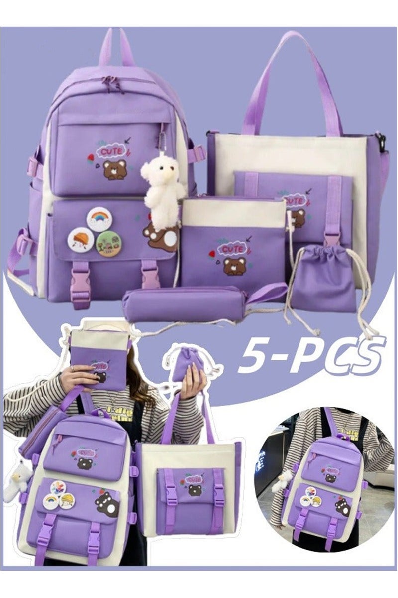 Yoawllty 5 Pcs School Bag for Girls, School Bag Set with Charm and Pins, Pencil Case, Tote Bag and Small Bag(Purple)  - Image 1