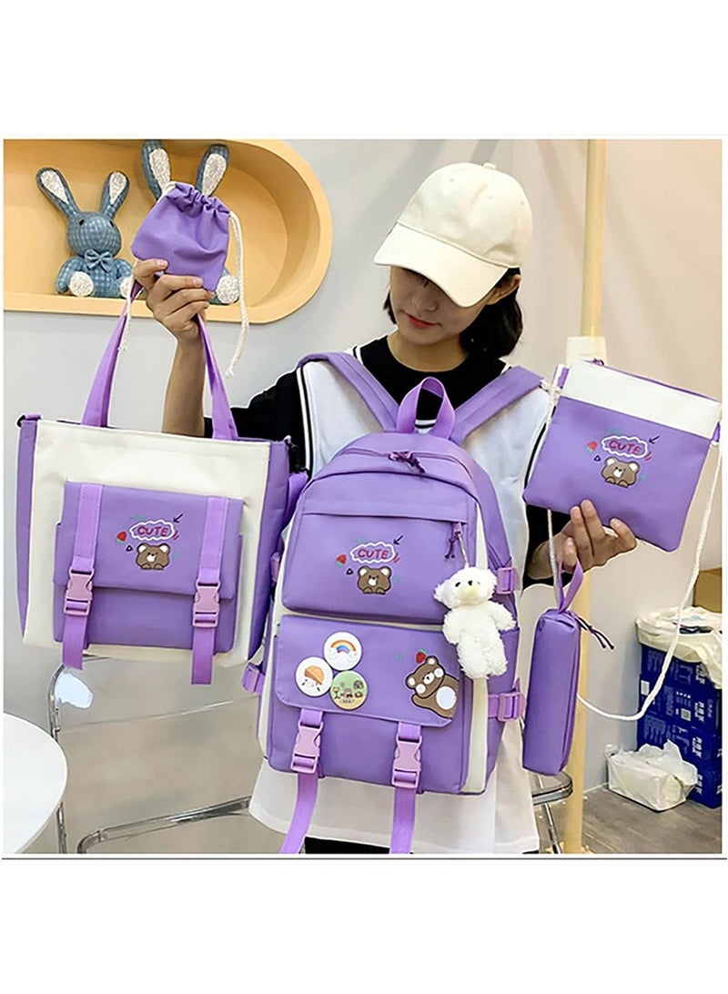 Yoawllty 5 Pcs School Bag for Girls, School Bag Set with Charm and Pins, Pencil Case, Tote Bag and Small Bag(Purple)  - Image 2