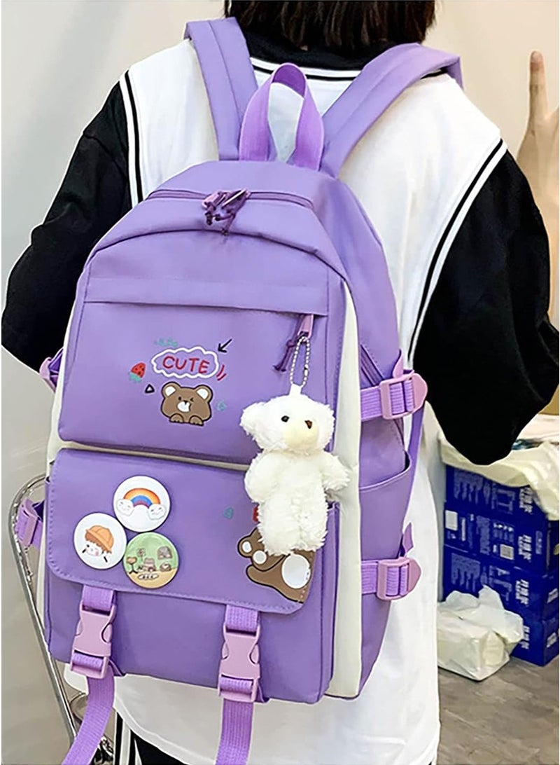 Yoawllty 5 Pcs School Bag for Girls, School Bag Set with Charm and Pins, Pencil Case, Tote Bag and Small Bag(Purple)  - Image 5
