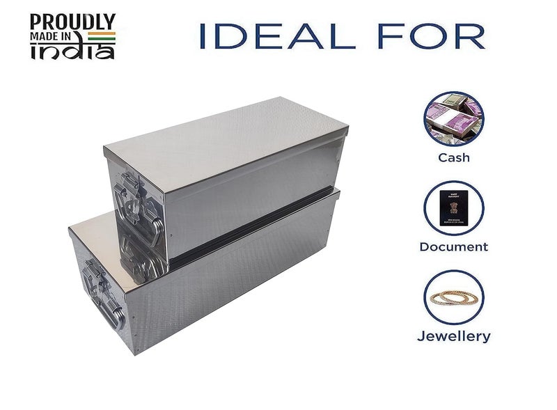 GinoSet Stainless Steel Locker Boxes Jewellery Boxes Cash Peti Set (Multi_Pack of 2) Size - 8 Inch, 10 Inch, Rectangular - Image 2