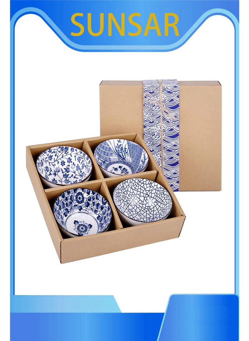 SUNSAR Set of 4 Japanese Style Ceramic Rice Bowl with Gift Box,Blue and White Pattern Bowls Set,Underglazed Dinnerware - Image 1