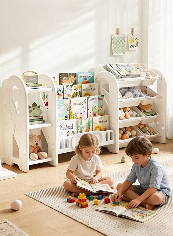 Uptyia Kids Toy Storage Organizer with Removable Bins, 4-Tier Bookshelf for Kids, Small House Shape Toy Storage Rack，Drawers Multipurpose Shelf for Toddlers to Organize Books and Toys，Multi-Purpose Castle-Shaped Toy Organizer for Playroom, Bedroom, Nursery, Living Room (Beige) - Image 1