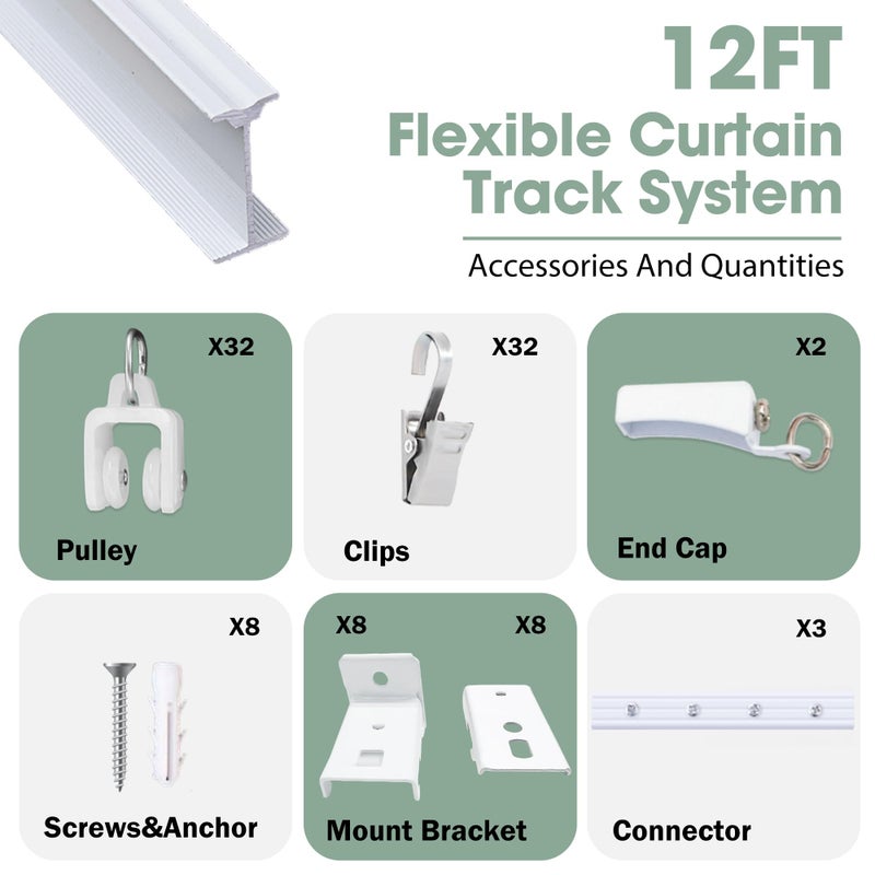 Cbsroro Flexible Bendable Ceiling Curtain Track, Room Divider Curtain Rod Tracks Ceiling or Wall Mount with Clips, Heavy-Duty Divider Curtains Rails for Living Room Shower Privacy RV, White 12 FT - Image 5