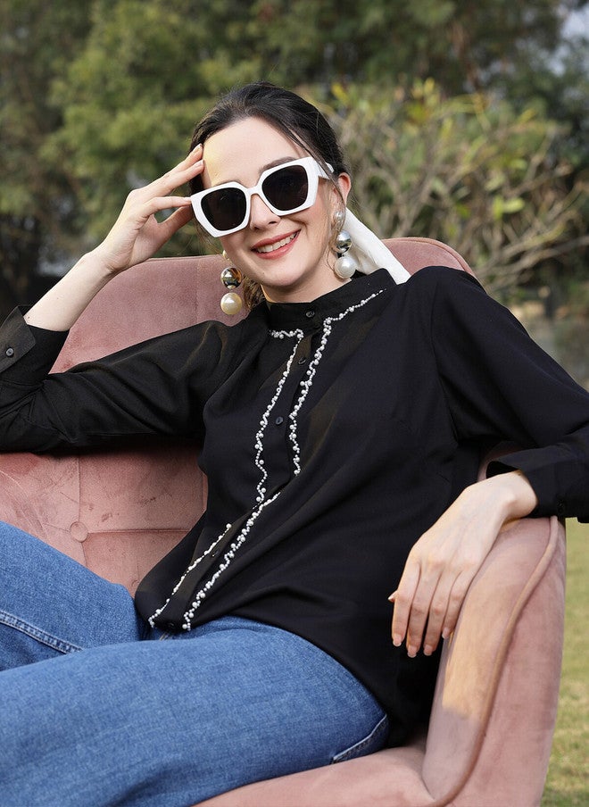PlusS Black Embellished Casual Shirt for Women - Image 1