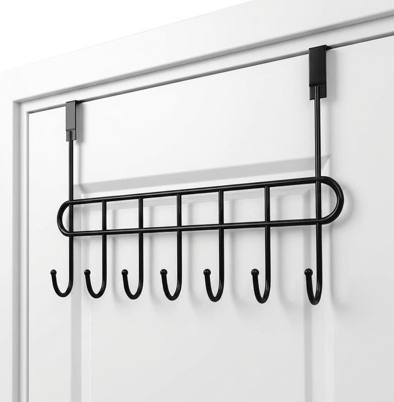 Dunekart Over Door Hook Rack 7 Hooks, Heavy Duty Steel Hanger for Bathroom Bedroom, Space Saving Clothes Towel Coat Organizer, No Drill Installation - Black - Image 1