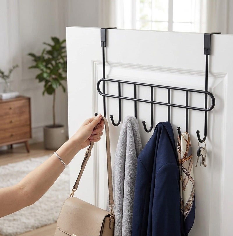 Dunekart Over Door Hook Rack 7 Hooks, Heavy Duty Steel Hanger for Bathroom Bedroom, Space Saving Clothes Towel Coat Organizer, No Drill Installation - Black - Image 2