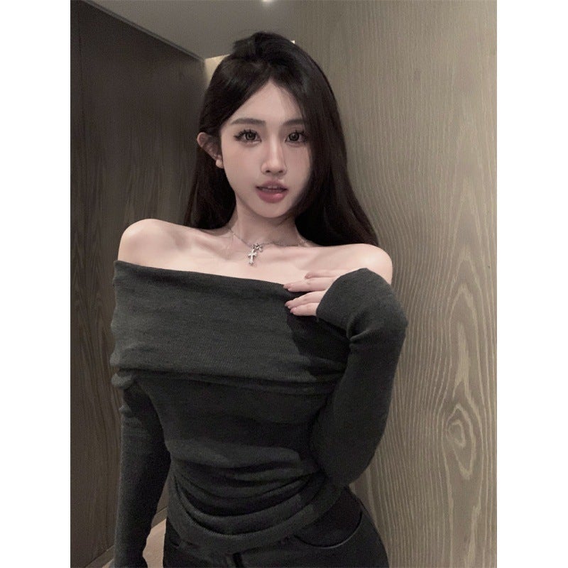 French style off-shoulder off-the-collarbone soft glutinous sweater early autumn lazy slim-fit sexy inner wear off-shoulder outer wear top for women Apricot - Image 4