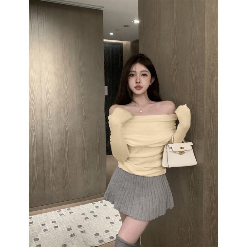 French style off-shoulder off-the-collarbone soft glutinous sweater early autumn lazy slim-fit sexy inner wear off-shoulder outer wear top for women Apricot - Image 1