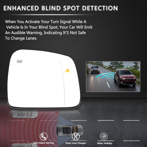GrteRokky Right Passenger Side Mirror Glass w/Heated|Blind Spot Replacement Compatible for Jeep Grand Cherokee 2013-2020 and Dodge Durango 2014-2019 - Backing Plate, Review View Mirror Indicator - Image 4