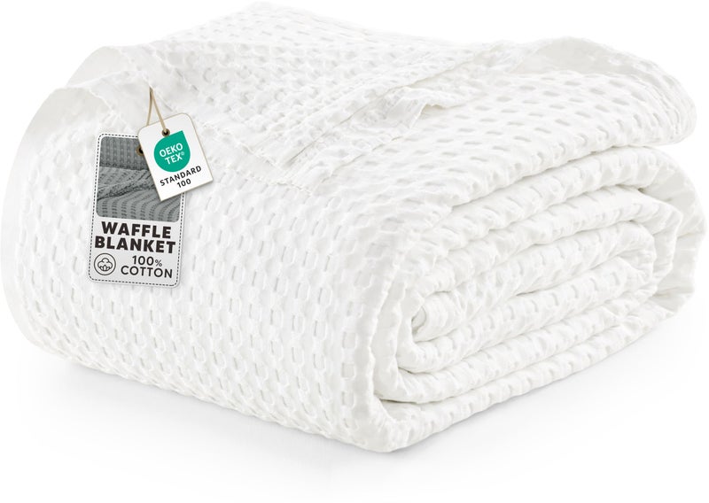 Utopia Bedding White 100% Cotton Waffle Blanket 300 GSM [Big - 120x120 Inch] Soft Lightweight Breathable Bed Blanket for All Season - Image 1