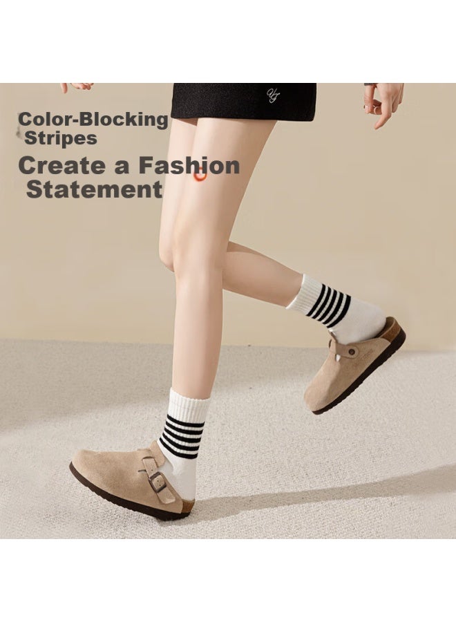Picking up socks Shiwa Ji Black And White Striped Wool Mid-calf Socks Women's Autumn Winter Thickened Warm Odor-resistant  New Long Socks - Image 2