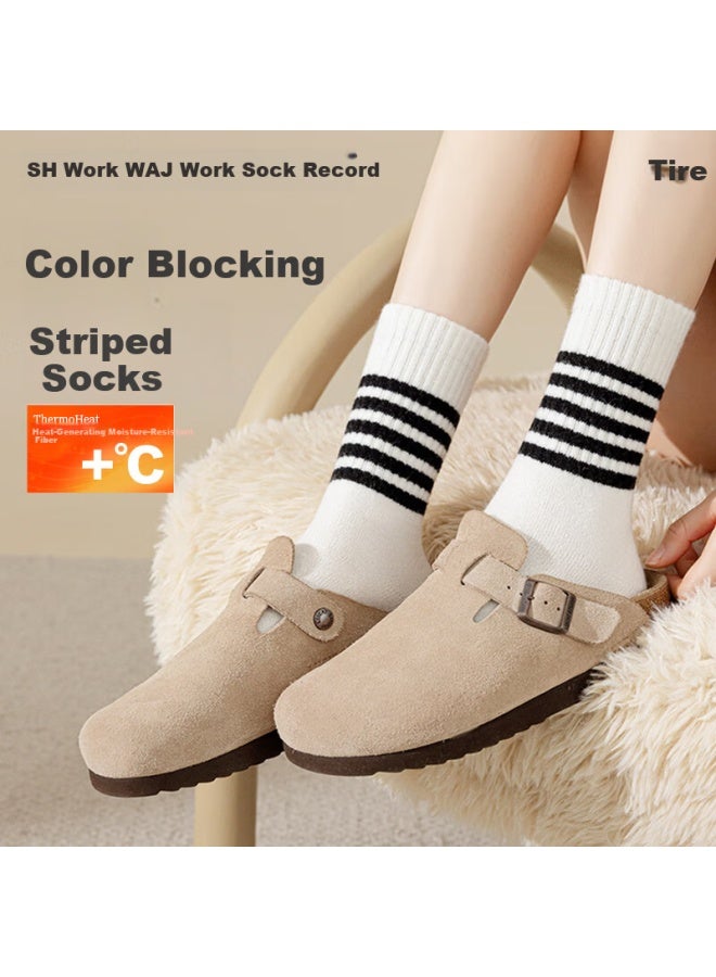 Picking up socks Shiwa Ji Black And White Striped Wool Mid-calf Socks Women's Autumn Winter Thickened Warm Odor-resistant  New Long Socks - Image 1
