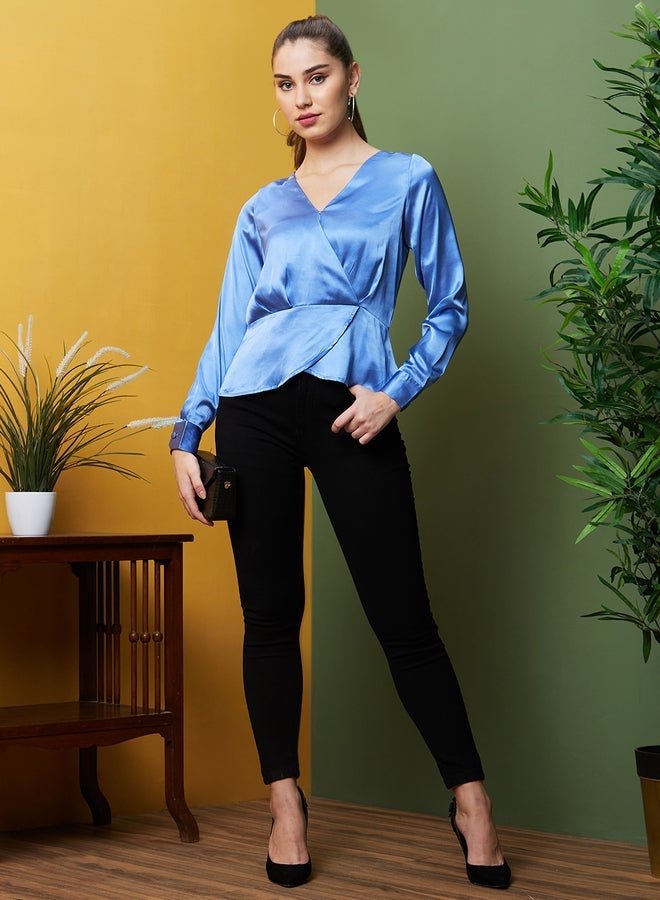 Globus Blue Satin Wrap Front Top - Image 5