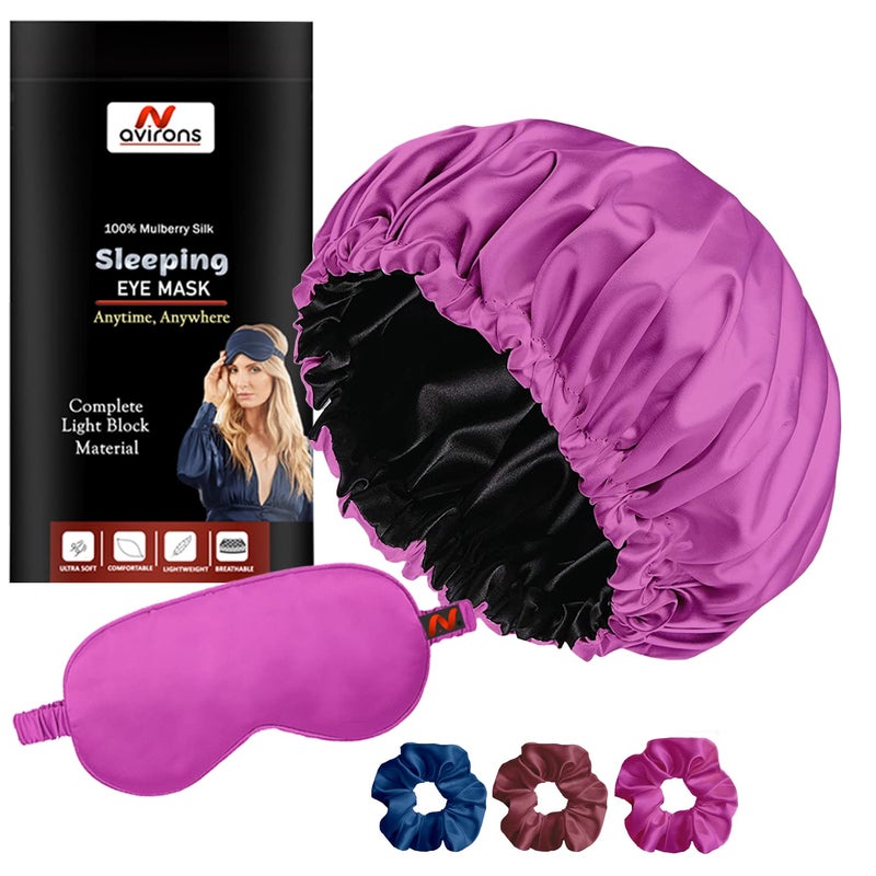 Avirons Satin Silk Hair Bonnet Cap with Sleeping Eye Mask | Silk Satin Hair Cap Fully Reversible Design-Two in one Looks Perfect on Both Sides | Fully Blackout Sleep Eye Mask - Image 1