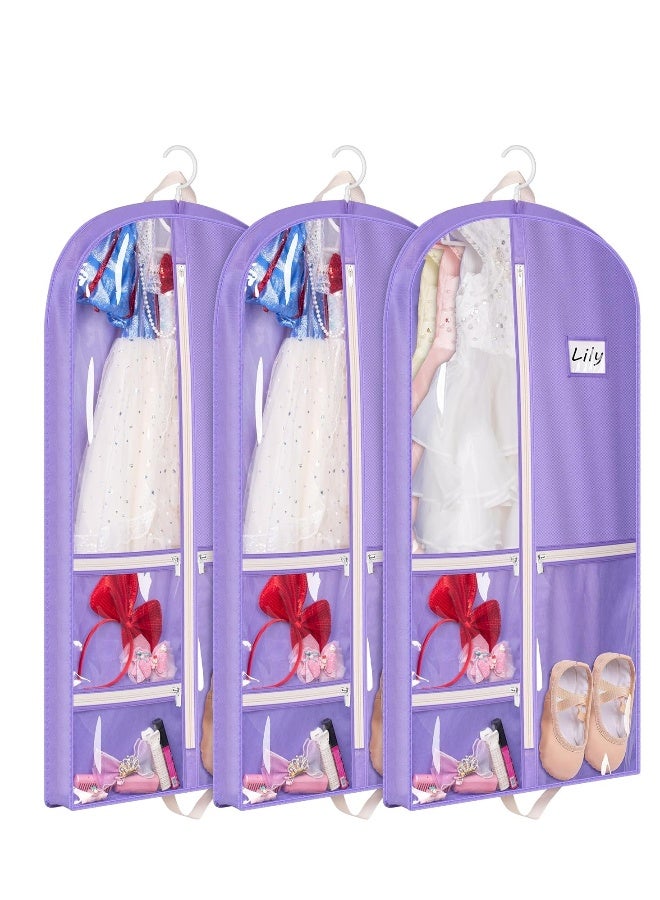 Kids Dance Garment Bags - 3 Pack 40" Hanging Costume Bags with 3 Zippered Pockets for Girls' Competition, Perfect for Storing Shoes, Bows, Hair Ties, and Travel - Purple  - Image 1