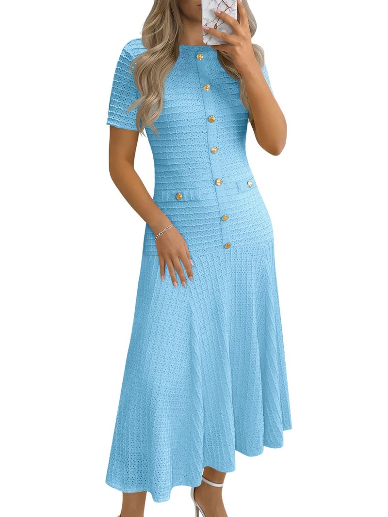Wenrine Womens Midi Dress Summer Casual Short Sleeve Crewneck Button Decor. Textured Slim Fit A Line Dresses Blue - Image 1