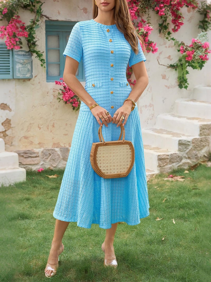 Wenrine Womens Midi Dress Summer Casual Short Sleeve Crewneck Button Decor. Textured Slim Fit A Line Dresses Blue - Image 3