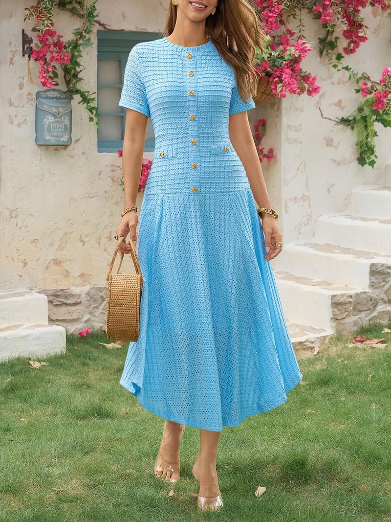 Wenrine Womens Midi Dress Summer Casual Short Sleeve Crewneck Button Decor. Textured Slim Fit A Line Dresses Blue - Image 4