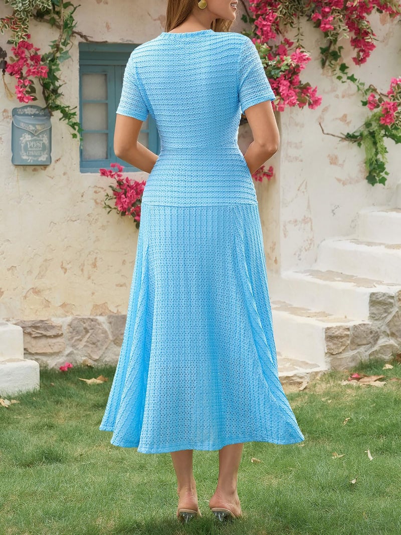 Wenrine Womens Midi Dress Summer Casual Short Sleeve Crewneck Button Decor. Textured Slim Fit A Line Dresses Blue - Image 5