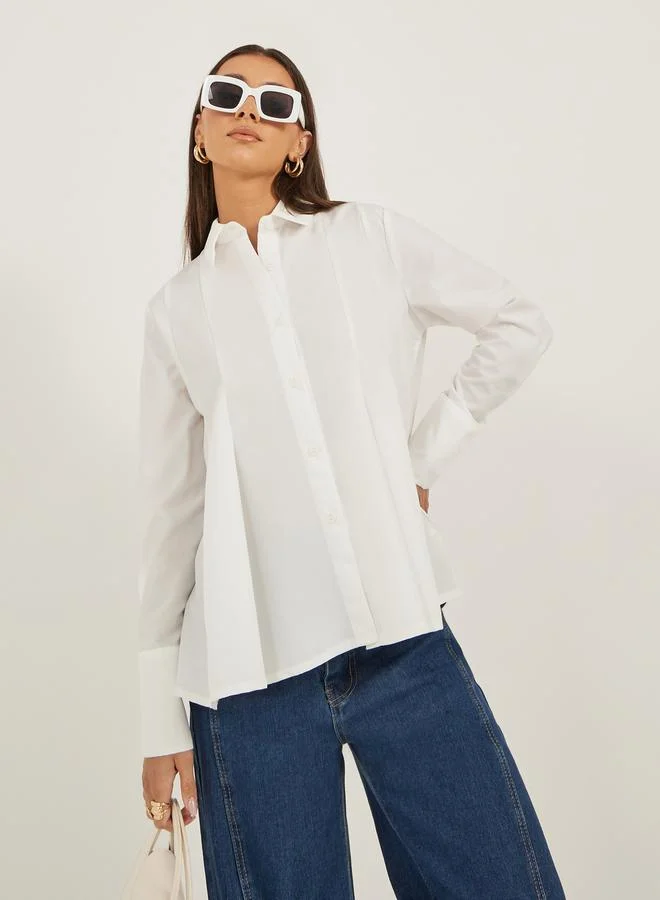 Styli Solid Long Sleeve Pleated Poplin Shirt