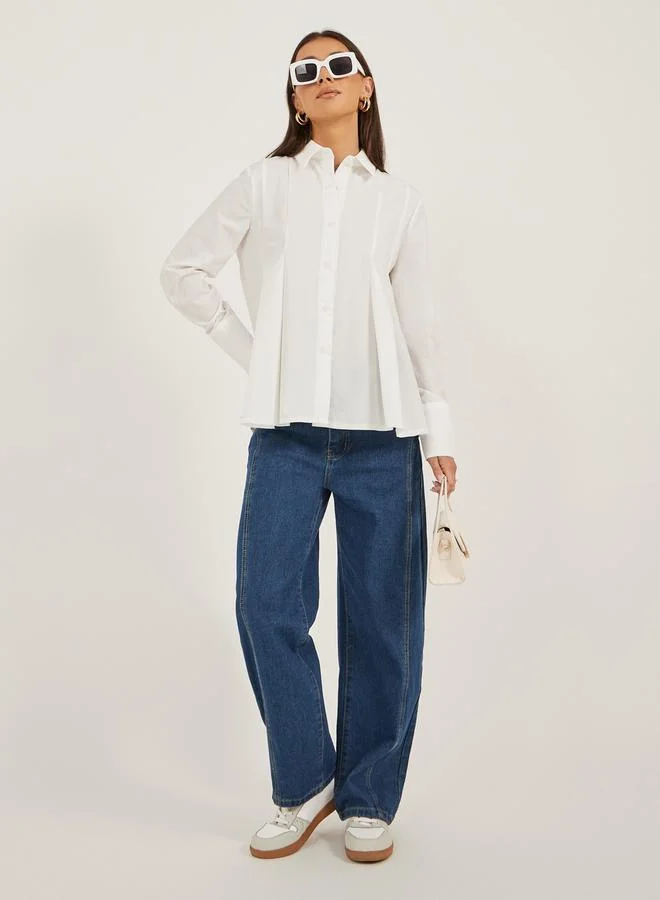 Styli Solid Long Sleeve Pleated Poplin Shirt