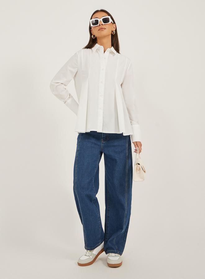 Styli Solid Long Sleeve Pleated Poplin Shirt - Image 2