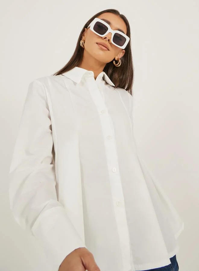 Styli Solid Long Sleeve Pleated Poplin Shirt