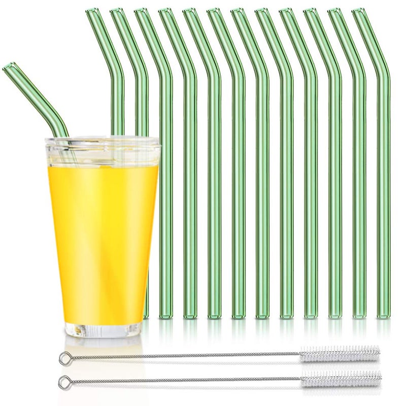 KORSMALL Glass Straws  Reusable Bent Drinking Straws with 2 Cleaning Brushes Perfect for Smoothies Milkshakes Juice Green 12 Pack