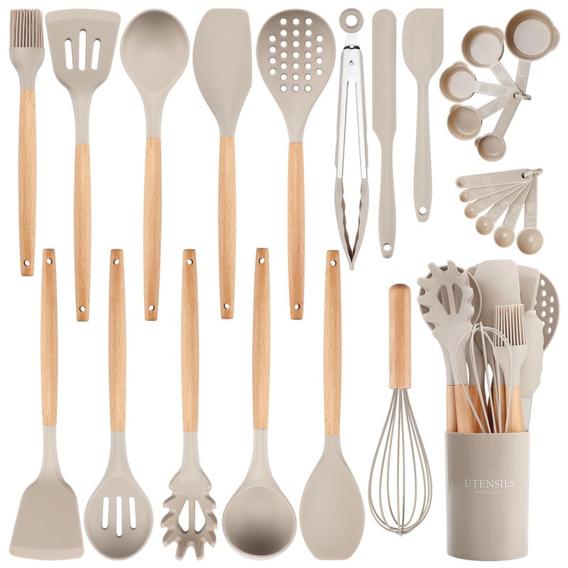 NCUE 26 Pcs Silicone Cooking Utensils Set with Holder, NCUE BPA Free Kitchen Utensils Set for Cooking, 446Â°F Spatulas Silicone Heat Resistant Wooden Handle Spoon Tongs Non-stick Kitchen Gadgets (Khaki) - Image 1