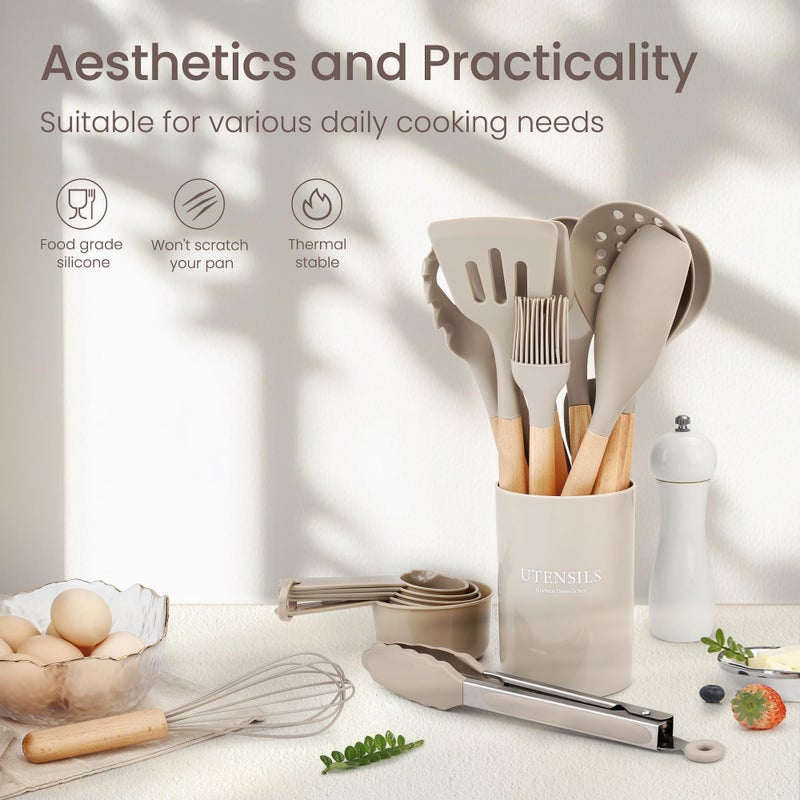 NCUE 26 Pcs Silicone Cooking Utensils Set with Holder, NCUE BPA Free Kitchen Utensils Set for Cooking, 446Â°F Spatulas Silicone Heat Resistant Wooden Handle Spoon Tongs Non-stick Kitchen Gadgets (Khaki) - Image 2