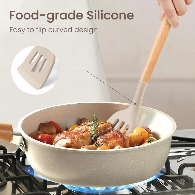 NCUE 26 Pcs Silicone Cooking Utensils Set with Holder, NCUE BPA Free Kitchen Utensils Set for Cooking, 446Â°F Spatulas Silicone Heat Resistant Wooden Handle Spoon Tongs Non-stick Kitchen Gadgets (Khaki) - Image 5