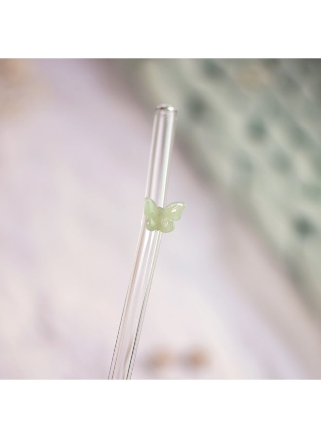 Custom Colorful Butterfly Glass Straw Eco-friendly Heat Resistant Reusable Milk Drink Transparent Elbow-Color:Green Jade C-Specifications:0.8*20CM - Image 1