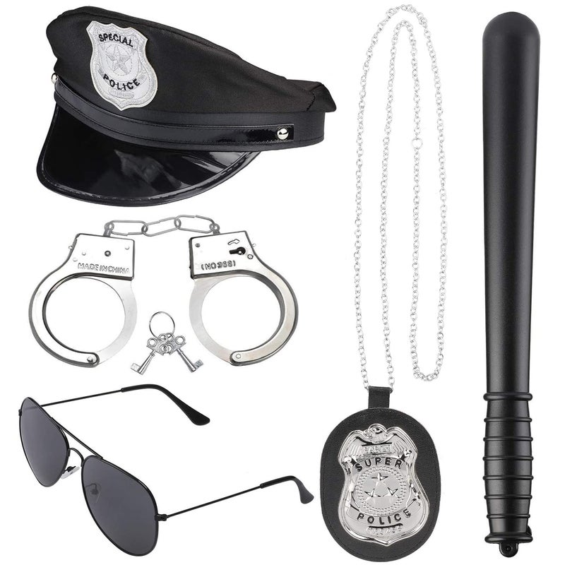 Beelittle Police Costume Accessories Hat Handcuffs Policeman Badge Cop Swat FBI Cosplay (Black 3) - Image 1