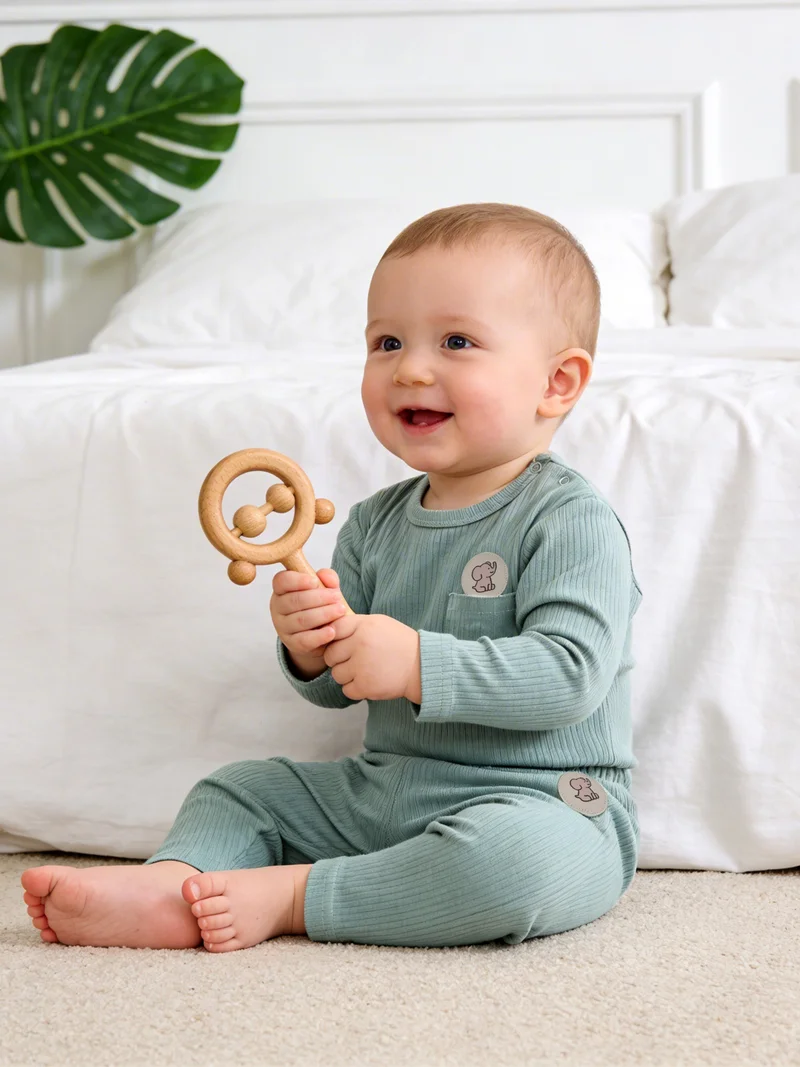 Babies Basic Babies Basic Ribbed Cotton Long Sleeves Top and Bottom, Green