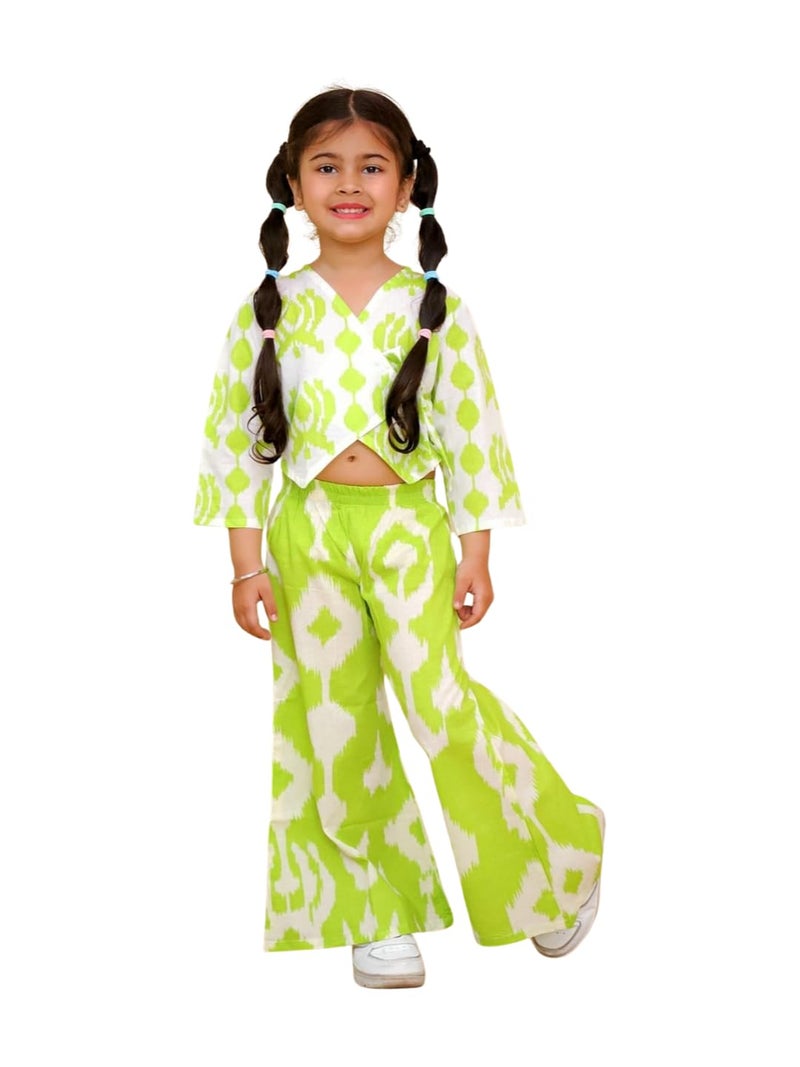 AJ DEZINES Kids Cotton Full Sleeve Green Co-ords Set for Girls - Casual Outfit | Vacation Wear |Beach Dress | Abstract Printed Top Pant for girls(G-CO-2031-GREEN-12-18M-16) - Image 1