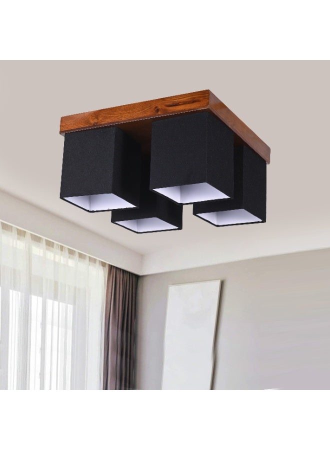 El Rawda Lighting Orita Ceiling Lamp - 4 Lights | modern decorative LED E27 pendant light ceiling lamp hanging | suitable for any room | Color:black and wooden | Size: 40x40 cm - Image 2