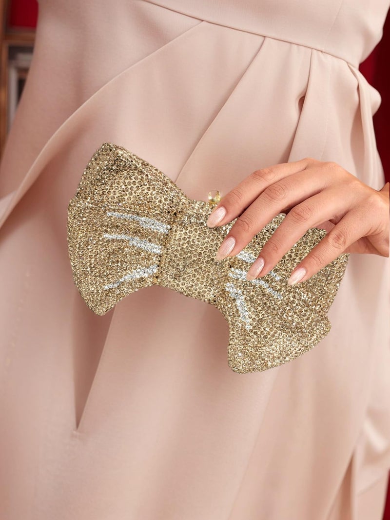 Tngan Women Luxury Bowknot Shaped Evening Clutch Sparkling Rhinestones Handbag for Banquet Wedding Party, Light Gold - Image 3