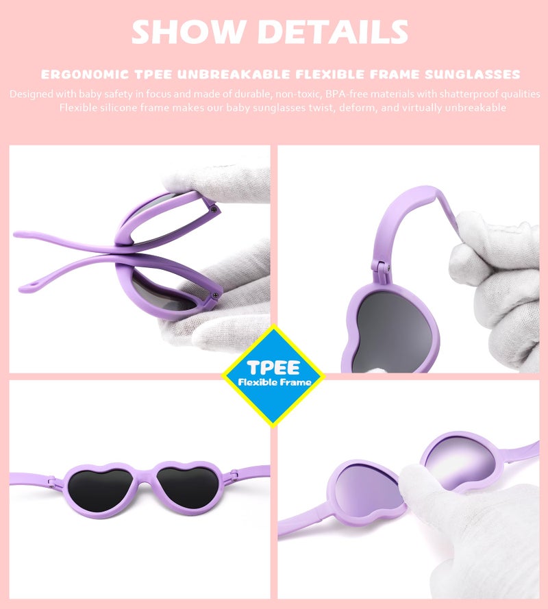 NULOOQ Flexible Heart Shaped Baby Polarized Sunglasses with Strap Adjustable Toddler & Infant Age 0-24 Months (Purple/Purple Mirrored) - Image 4