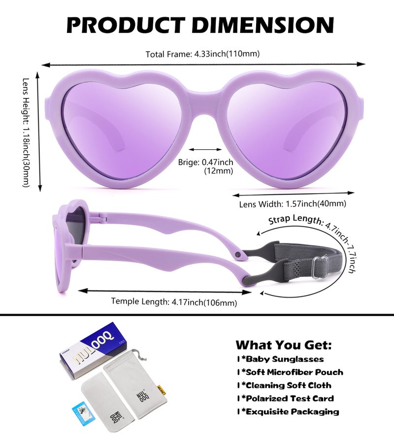NULOOQ Flexible Heart Shaped Baby Polarized Sunglasses with Strap Adjustable Toddler & Infant Age 0-24 Months (Purple/Purple Mirrored) - Image 3