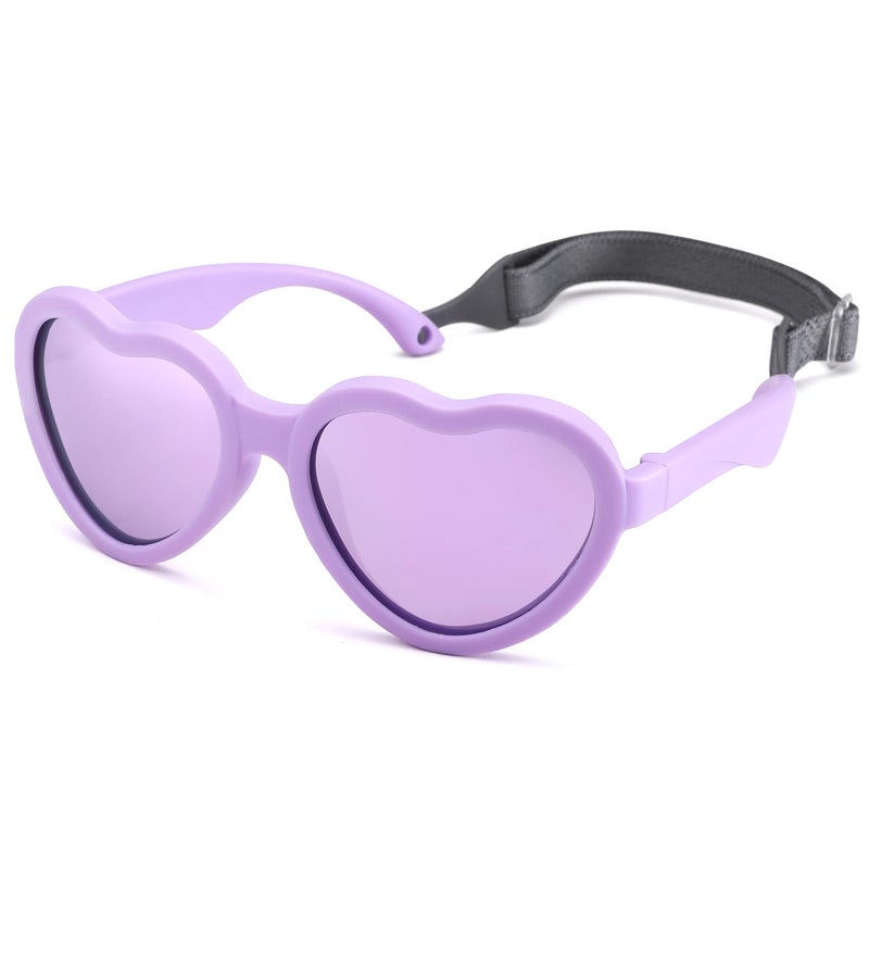 NULOOQ Flexible Heart Shaped Baby Polarized Sunglasses with Strap Adjustable Toddler & Infant Age 0-24 Months (Purple/Purple Mirrored) - Image 1