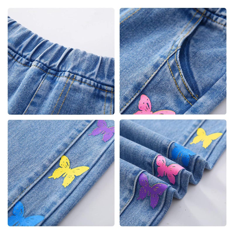Rolanko Girls Baggy Jeans Elastic Wide Leg Stretch Denim Pants Loose Kids Clothes (Colorful Butterfly, 11-12 Years) - Image 4