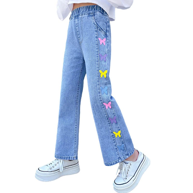 Rolanko Girls Baggy Jeans Elastic Wide Leg Stretch Denim Pants Loose Kids Clothes (Colorful Butterfly, 11-12 Years) - Image 1