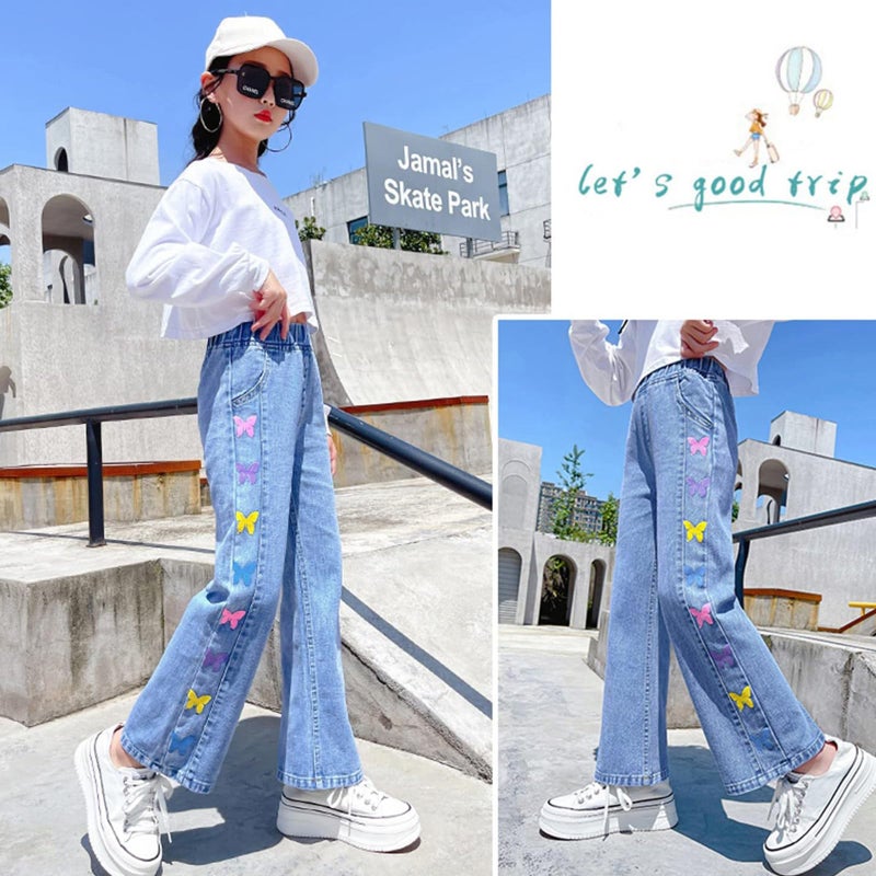Rolanko Girls Baggy Jeans Elastic Wide Leg Stretch Denim Pants Loose Kids Clothes (Colorful Butterfly, 11-12 Years) - Image 5