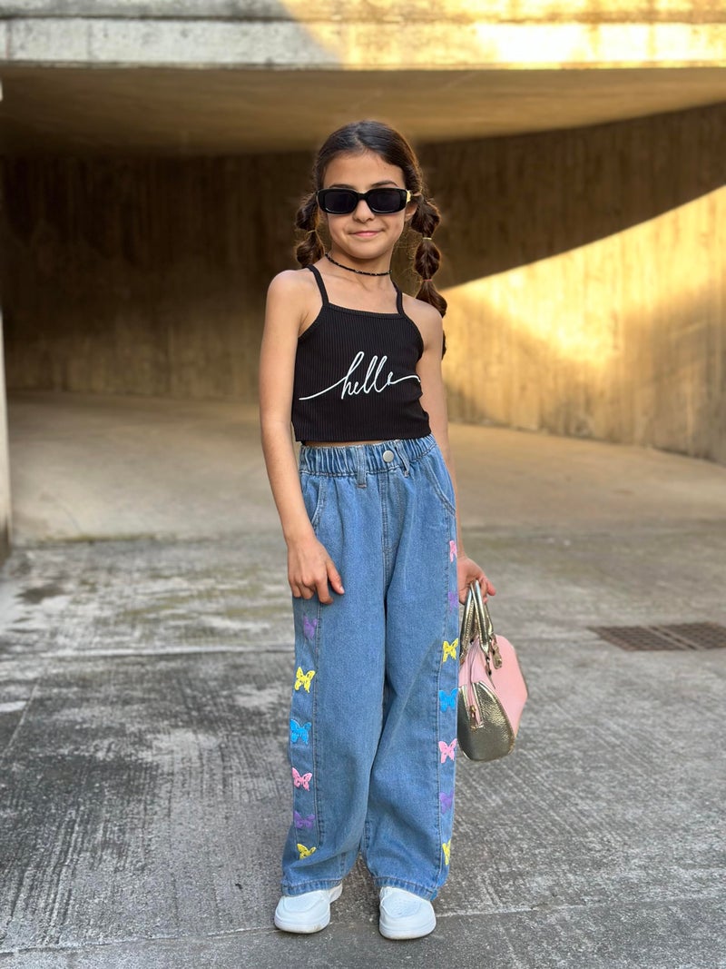 Rolanko Girls Baggy Jeans Elastic Wide Leg Stretch Denim Pants Loose Kids Clothes (Colorful Butterfly, 11-12 Years) - Image 2